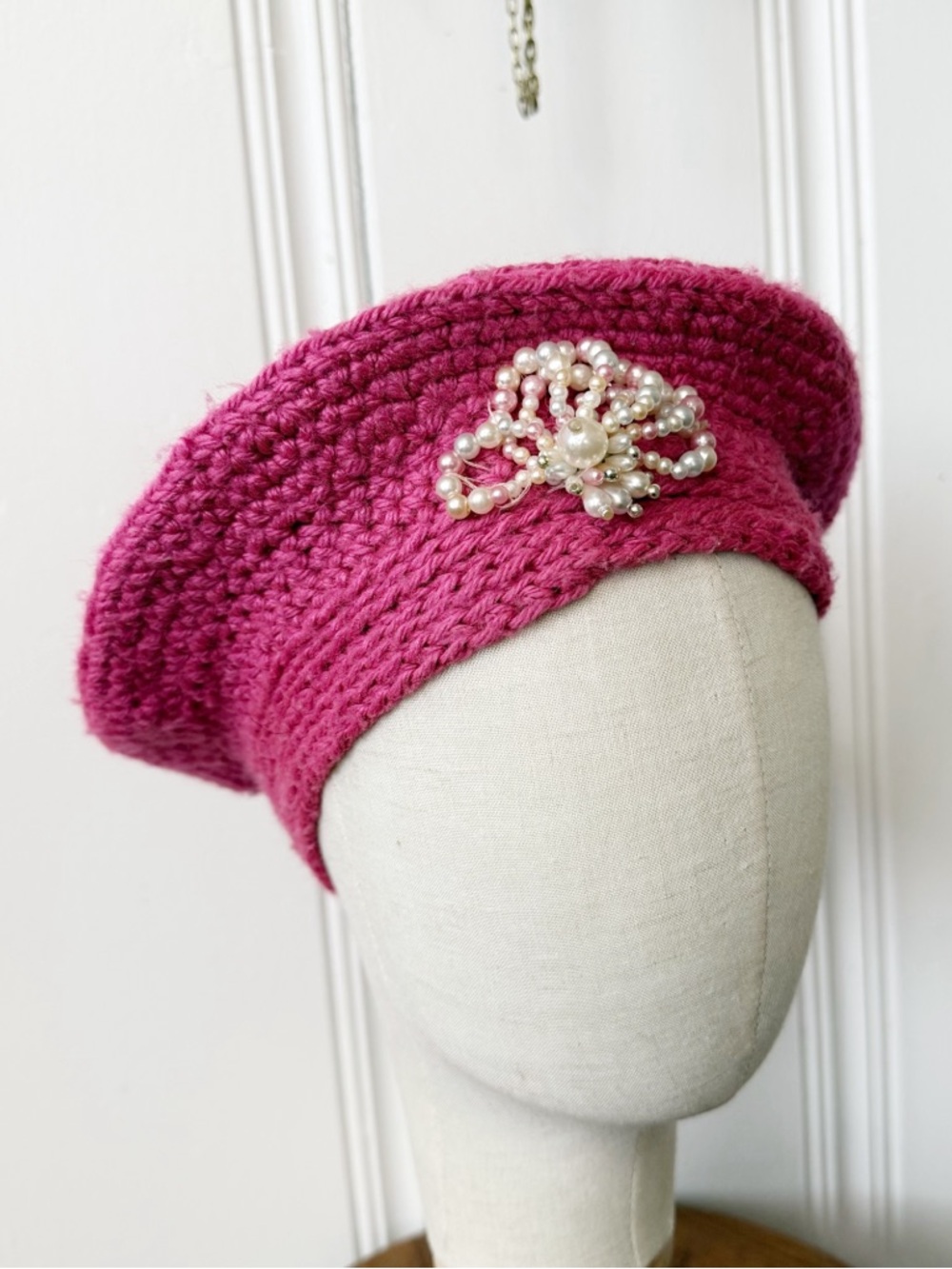 Handmade Pink Crochet Beret with Pearl Detail